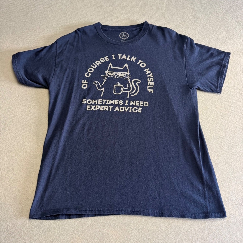 DXM Cat Expert Advice Graphic T-Shirt Mens Large Navy Blue Cotton Tee Humor